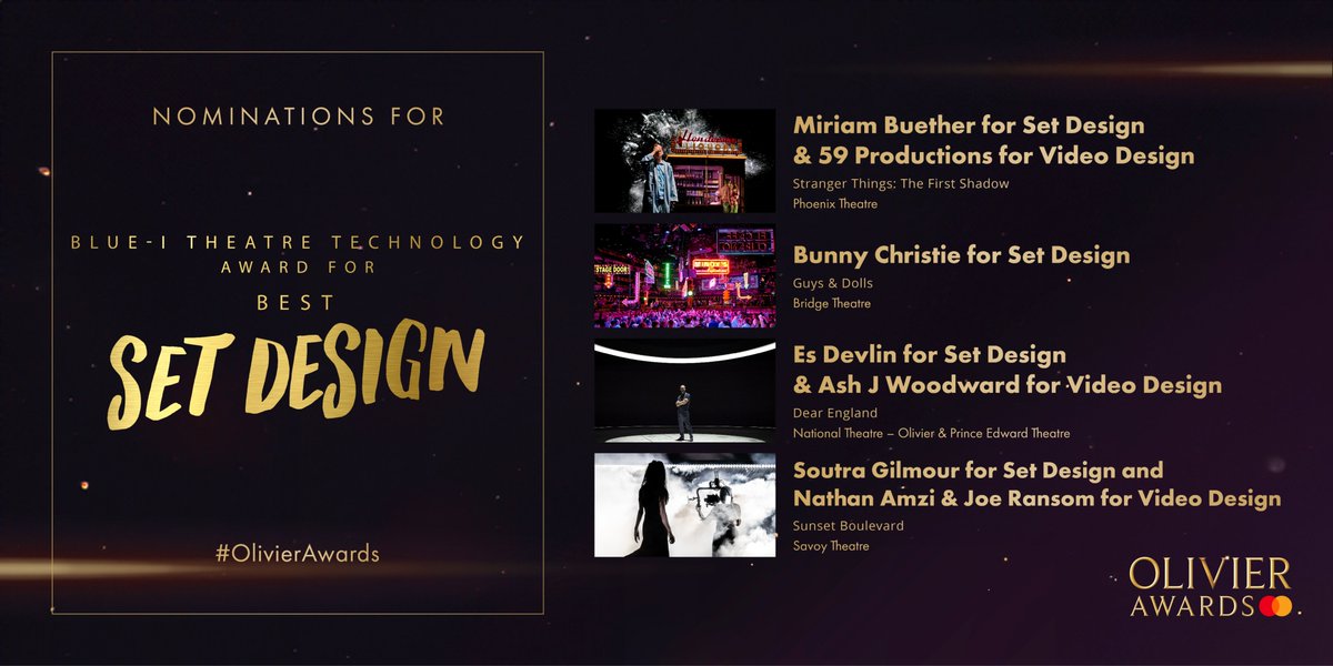 Nominees for @Blueitheatre Award for Best Set Design: #MiriamBuether - Set & @59productions - Video @STOnStage #BunnyChristie - Set #GuysAndDolls #EsDevlin - Set & #AshJWoodward - Video @DearEnglandPlay #SoutraGilmour - Set & @theamzi #JoeRansom - Video @sunsetblvd