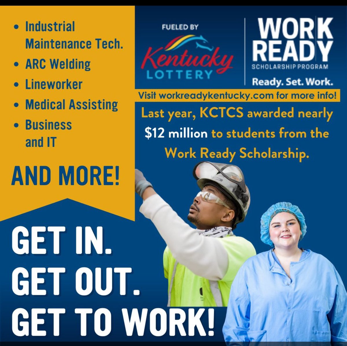 Searching for affordable education and a high paying job? Look no further. @KCTCS Work Ready Scholarship offers free tuition in high demand career fields. Get in, get out, get to work. @CPENews @KHEAA #KYGA24