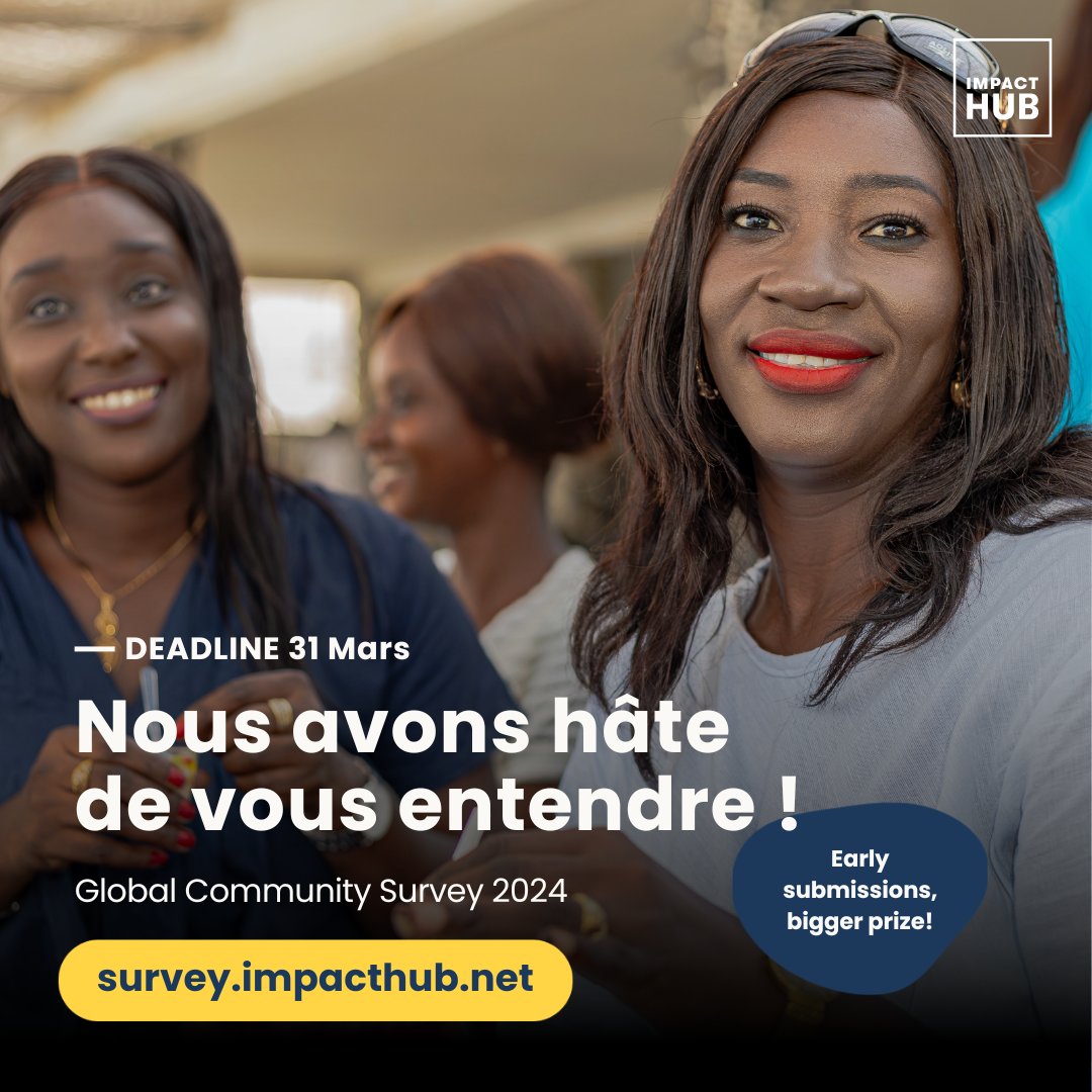 impacthubdakar's tweet image. Votre contribution façonne ce que nous faisons et nous avons hâte de vous entendre ! Si vous faites partie de notre communauté, répondez à notre enquête et courez la chance de gagner des prix allant jusqu'à 1 000 € !
➡ lnkd.in/diY_JrBE

Deadline : 31 mars 2024
#ImpactHub