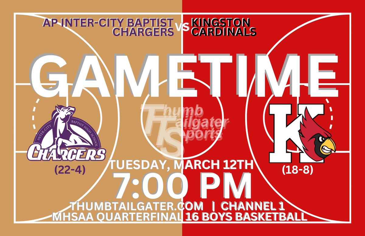 HS Boys Basketball
Live Audio Broadcast
Division 4 Quarterfinal

Kingston Cardinals
vs
Inter-City Baptist Chargers

At St. Clair County Community College 

Pregame 6:30 Tip-off 7:00pm

Live at thumbtailgater.com