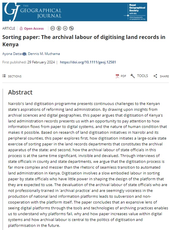 📢New paper published by @AyonaDatta (@UCLgeography) and Dennis Muthama (@The_BIEA) exploring the digitisation of Kenya's land administration records: 'Sorting paper: The archival labour of digitising land records in Kenya'. #OpenAccess doi.org/10.1111/geoj.1…
