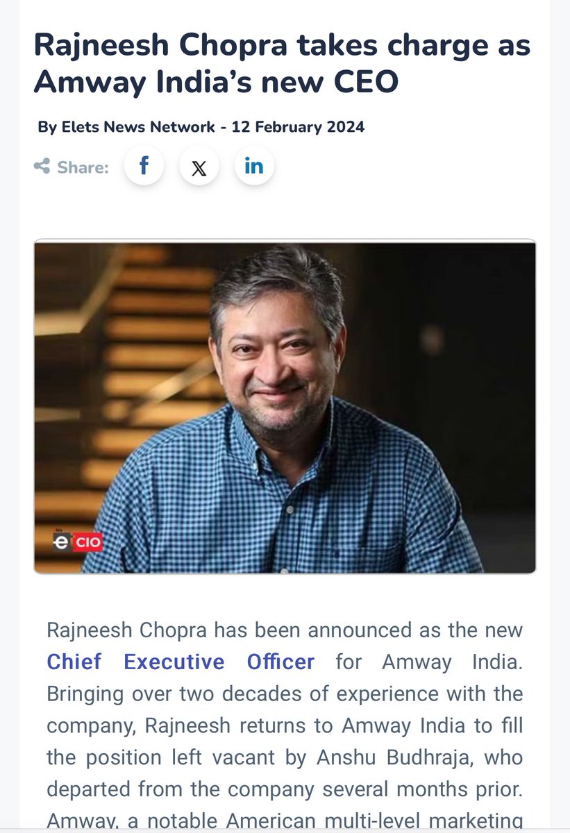 Proud of my dear buddy Rajneesh chopra @amwaychopra for taking over @amwayindia 👏💕 Heartiest congratulations and wishing you all the success ahead! cio.eletsonline.com/news/rajneesh-…