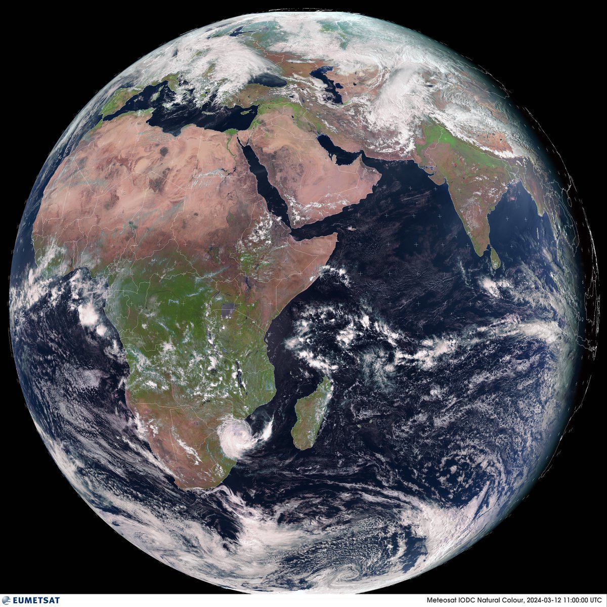 EarthSelfieBot's tweet image. The Earth on Tuesday, 12 March 2024 by @eumetsat Meteosat-9 over eastern Africa.
