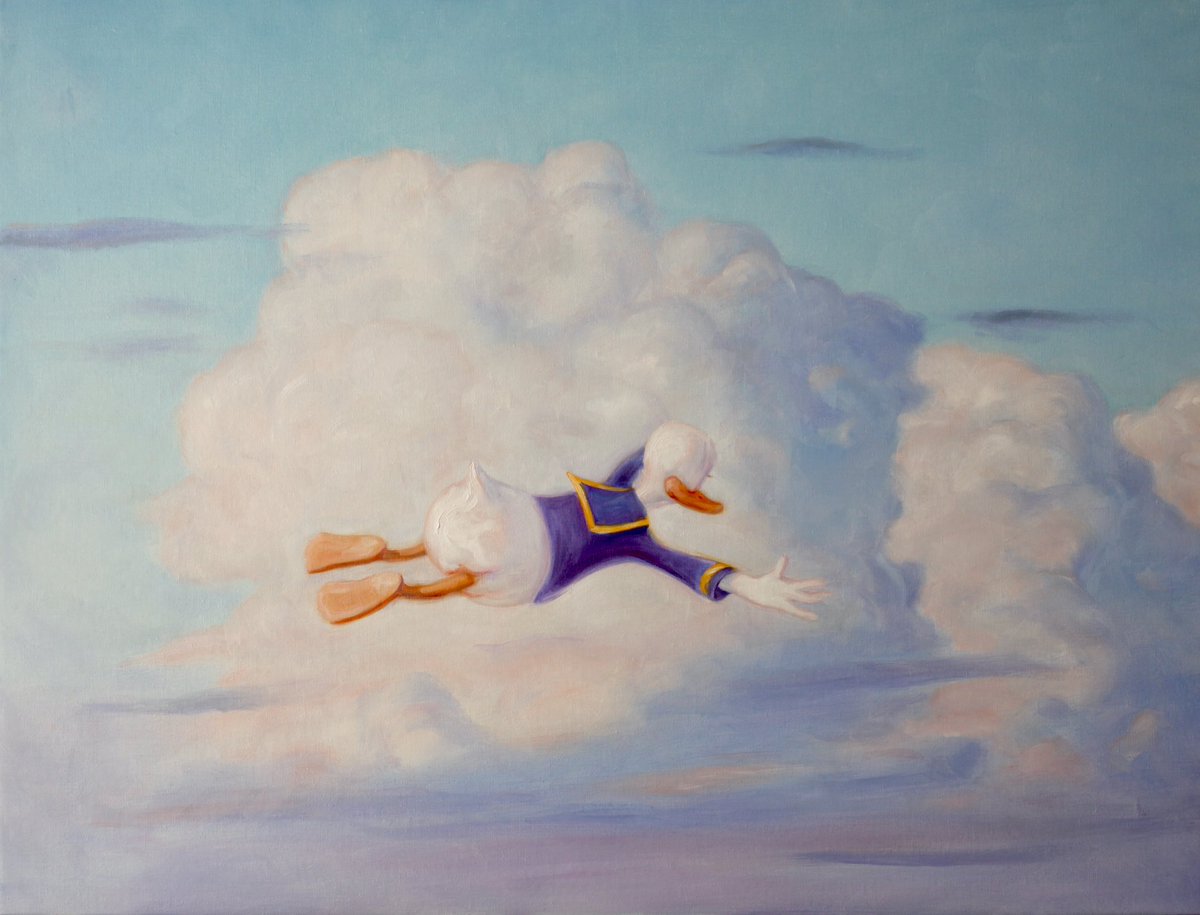 ”Just Do It ”, 2024, oil on canvas, 70 x 90 cm. #art #contemporaryart #popart #oilpainting #disney #duck #flying #clouds #ArtistOnX #artists #kajstenvall #air