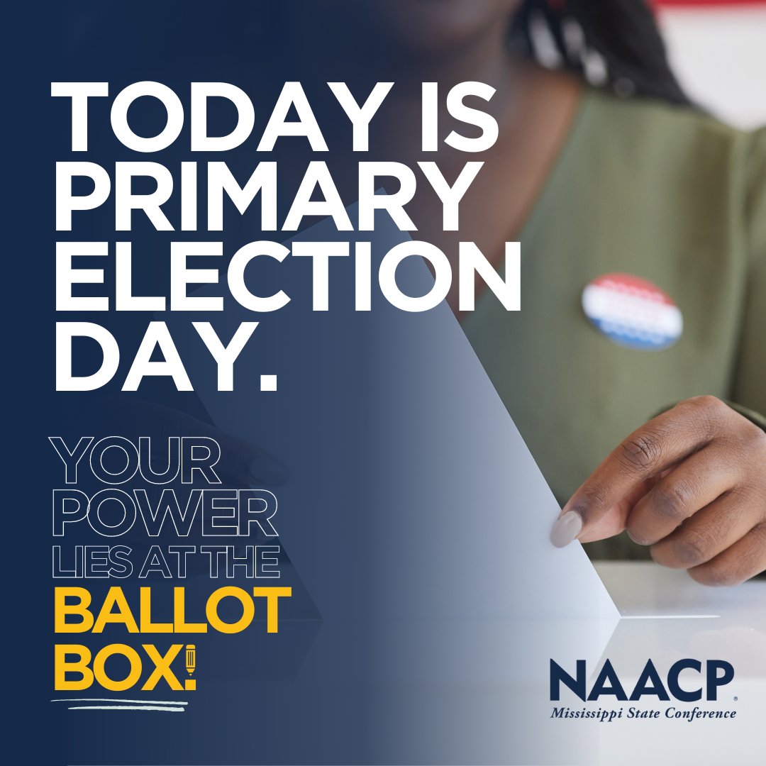 Today is Primary Election Day in Mississippi! 🗳️

The Polls are OPEN!

☎️ If you have any voting issues, call the Election Protection Hotline at 1-888-601-VOTE.
--
#YourPowerLiesattheBallotBox #PrimaryElection #MSNAACP #NAACP #Mississippi #GOTV