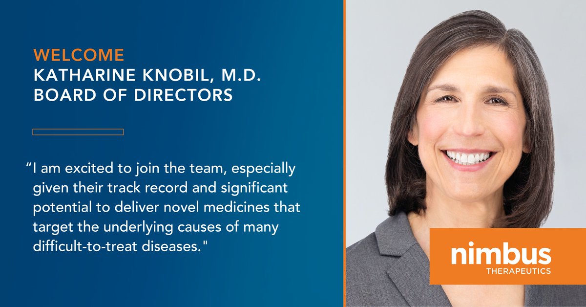 We are honored to welcome Dr. Katharine Knobil to our Board of Directors! She has more than 20 years of experience in #biopharma research and development with expertise in #oncology and #immunology. Learn more about this exciting phase of growth here: nimbustx.com/2024/03/12/nim…