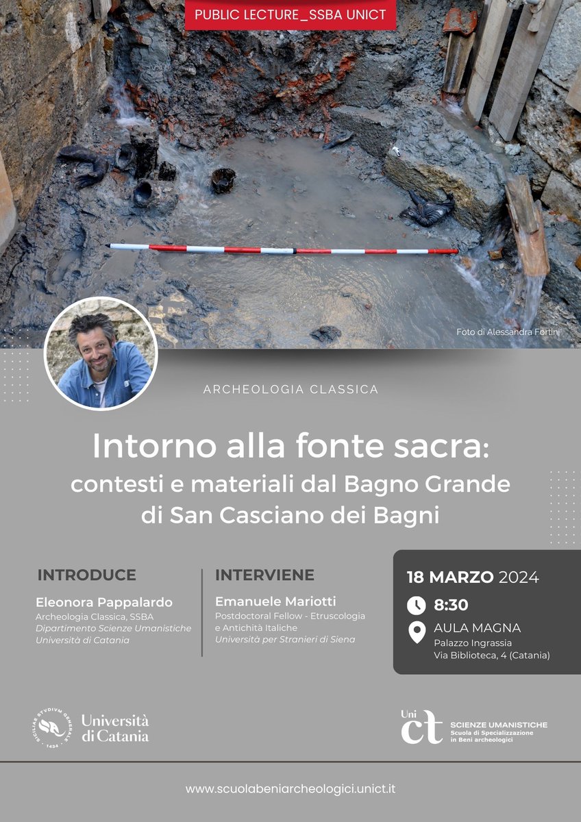 📌 Nuovo appuntamento di approfondimento aperto al pubblico. Eleonora Pappalardo (<a href="/unict_it/">Unict</a>) introduce il Emanuele Mariotti (Università per Stranieri di #Siena) che illustrerà gli studi svolti nell'area di 'San Casciano dei Bagni'.