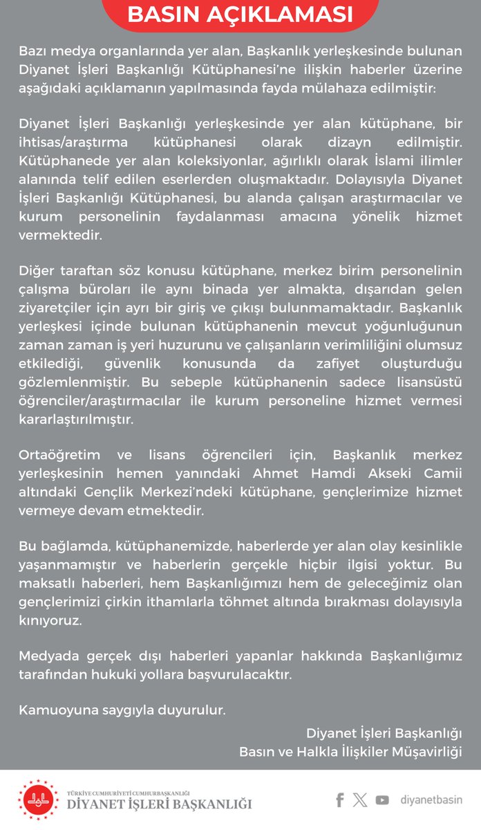 BASIN AÇIKLAMASI

Diyanet İşleri Başkanlığı, bazı medya organlarında, Başkanlık Kütüphanesi’yle ilgili, “Kütüphane kapısı öğrenciye kapalı” başlığıyla yayınlanan haber üzerine bir açıklama yaptı
diyanet.gov.tr/tr-TR/Kurumsal…
