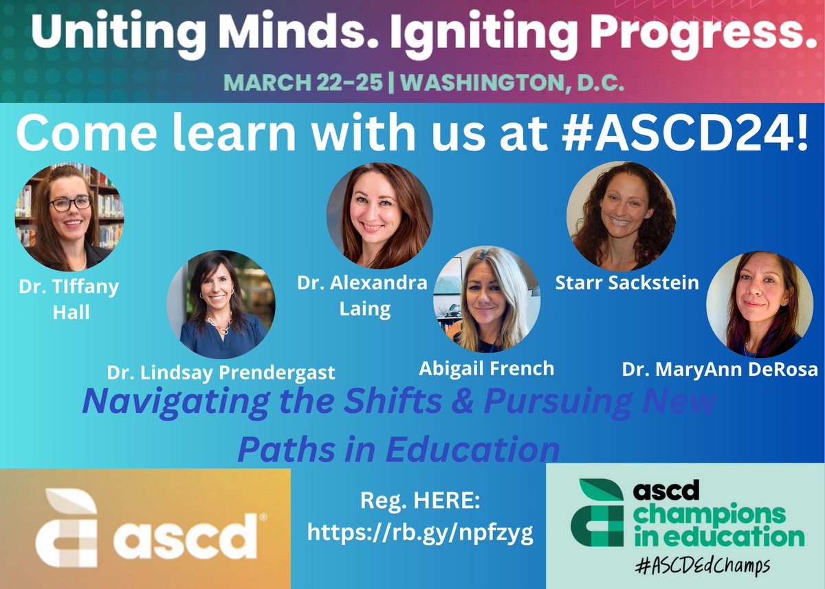 Hey #educator friends, will I see you at the awesome <a href="/ASCD/">ASCD</a> Annual Conference in DC March 22-25?! Join our conversation on Navigating Shifts and Pursuing New Paths in Education with @mssackstein  <a href="/Dr_ALaing/">Dr. Alexandra Laing</a> , @MA_DeR0sa , <a href="/awfrench1/">Abigail French</a> &amp; <a href="/DrTiffanyHall/">Dr TiffanyTurnerHall</a>