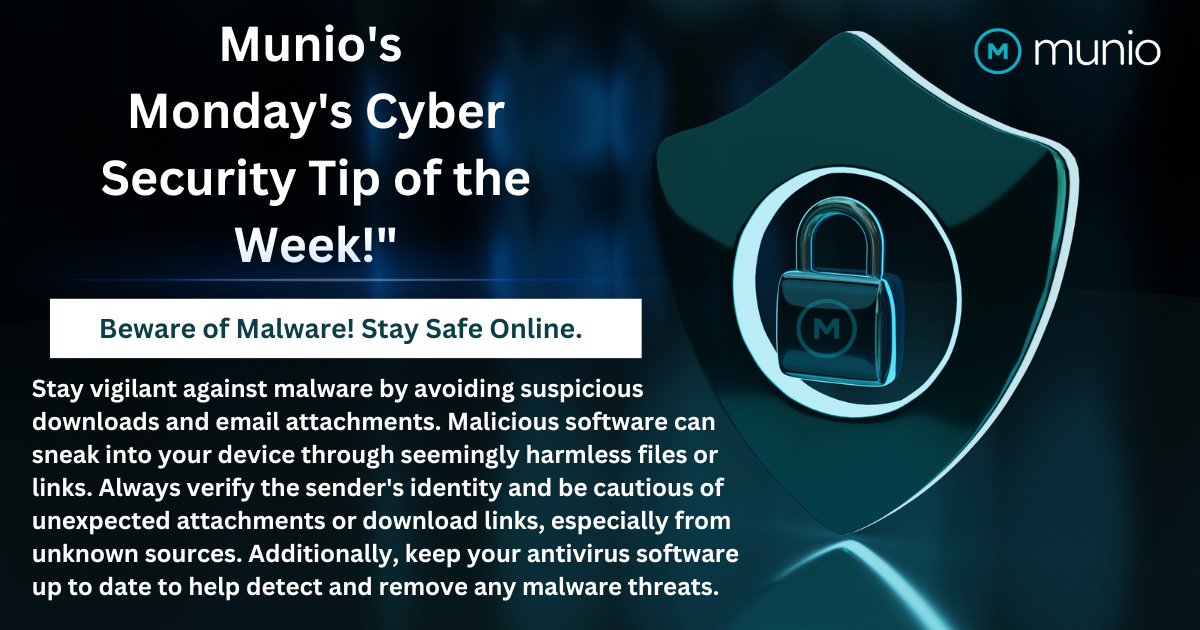 Beware of Malware! Stay Safe Online Did you know malware can sneak into your devices through emails and downloads? Remember: Think before you click, keep antivirus updated, verify senders, and trust your gut! Stay safe! munio-it.co.uk 
#CyberSecurity #MalwareAwareness