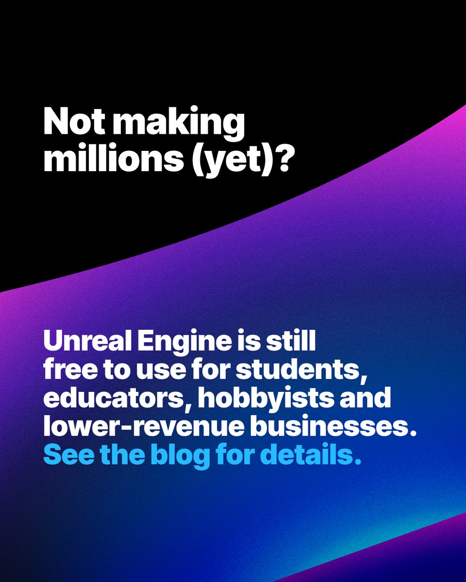 UnrealEngine's tweet image. New Unreal Engine pricing and licensing is coming in late April 🧵
Get ALL the details in our blog: epic.gm/unreal-engine-…