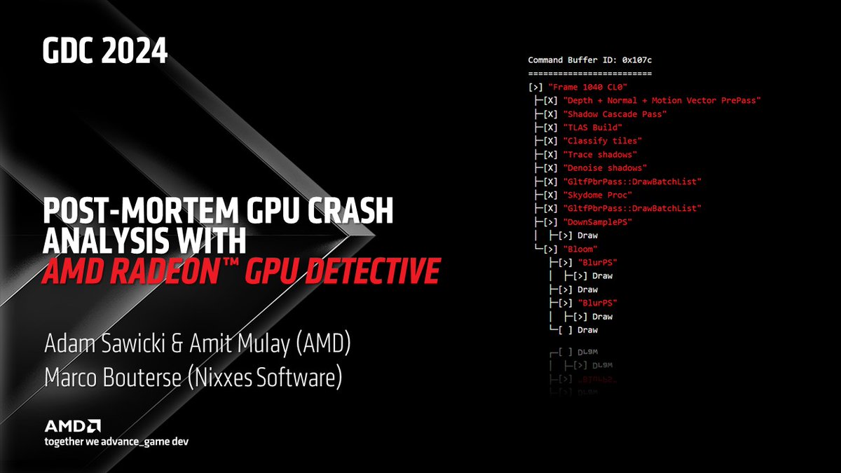 🧵 Close the case on #GDC24 Wednesday by investigating our #Radeon GPU Detective session 🕵️ @Reg__ & Amit + guest Marco Bouterse (@NixxesSoftware) teach capturing and analyzing AMD GPU crash dumps with RGD. 🗓️ Wed Mar 20 @ 5pm 📌 3001, West Hall schedule.gdconf.com/session/post-m… (8/8)