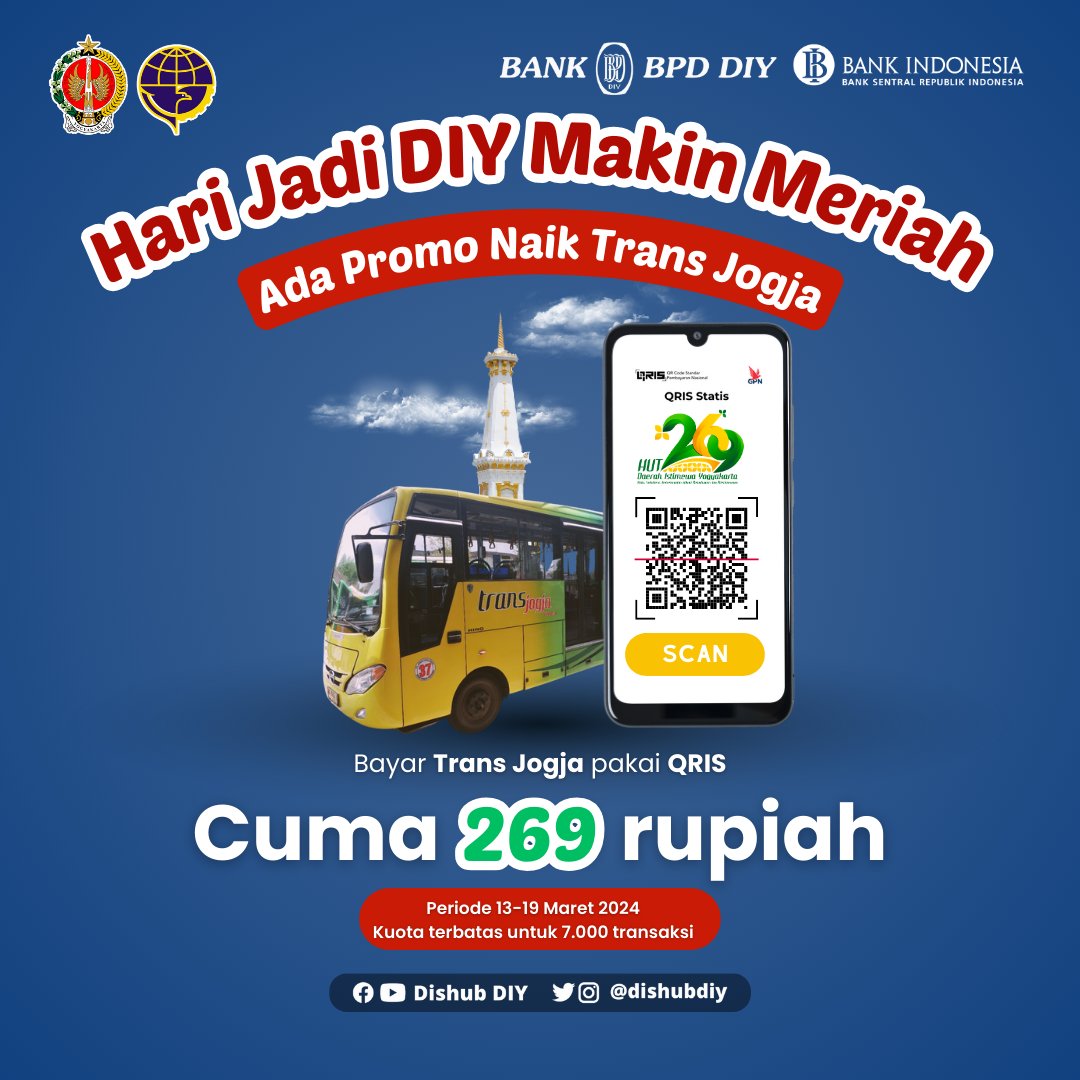 Naik Trans Jogja Cuma 269 rupiah ‼️😱😱 Kuota Terbatas ‼️

Dalam rangka Hari Jadi DIY ke-269, #SobatBerkendara bisa keliling Jogja naik Trans Jogja Istimewa dengan membayar 269 rupiah menggunakan QRIS.