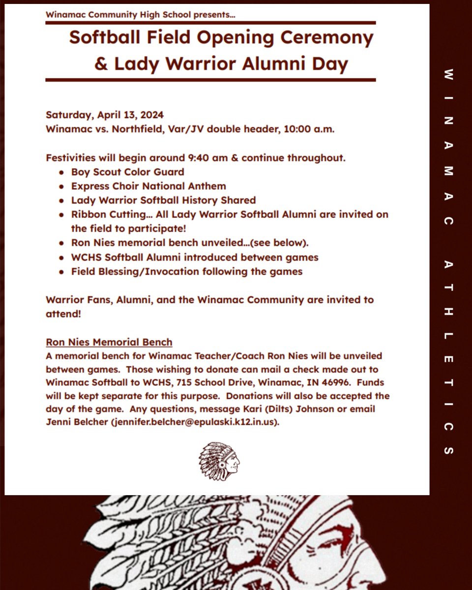 Winamac_AD's tweet photo. For anyone who missed this announcement yesterday.

Please join us on 4/13/24, as we have an Opening Ceremony for the new softball field on campus and welcome back Warrior Softball Alumni!! https://t.co/iMBTAiJEUx