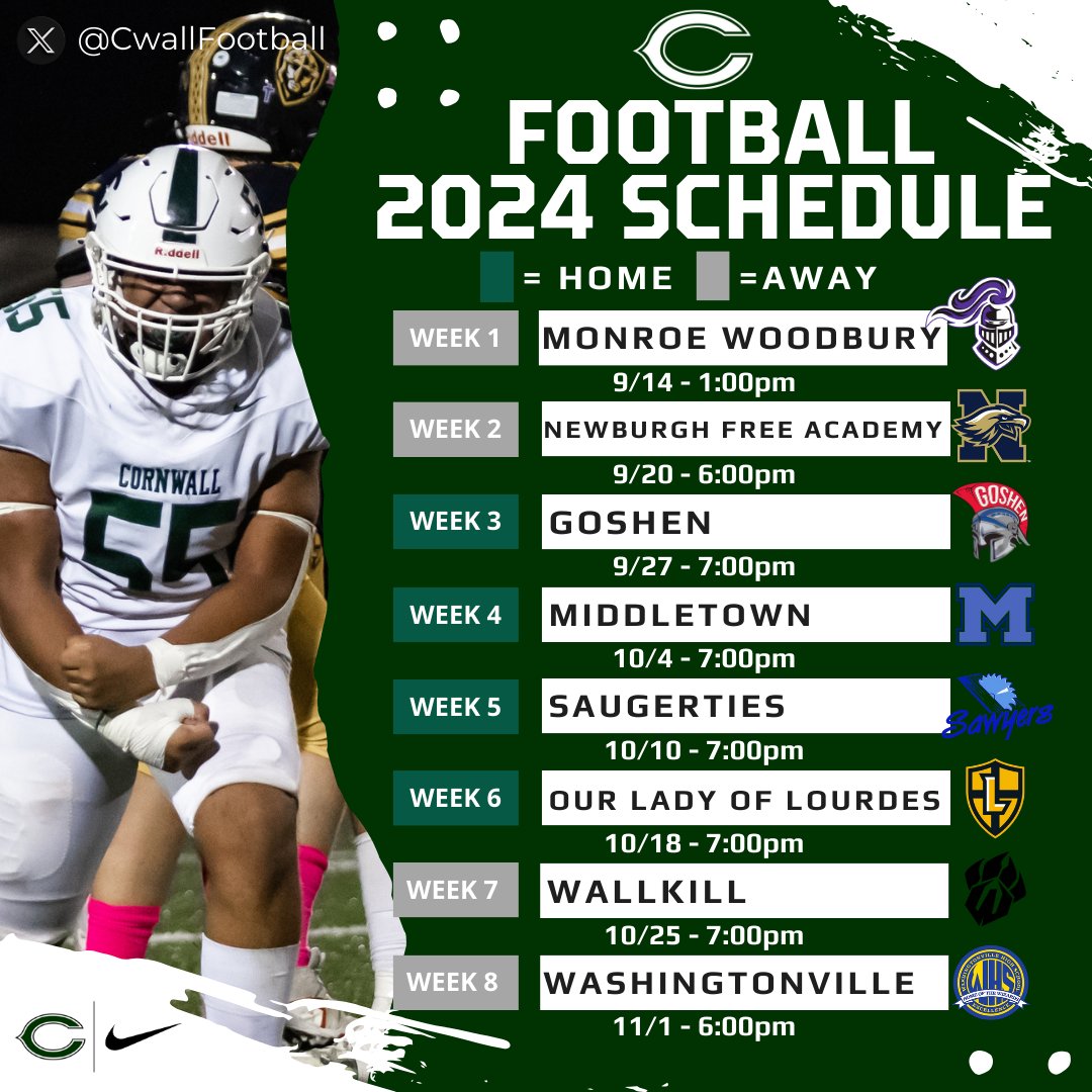 2024 Cornwall Football Schedule. Week 0 will be announced soon. #TheTeam 🪨🔨