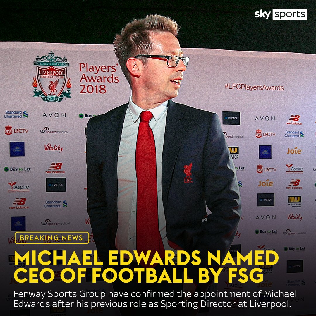 SkySportsNews's tweet photo. BREAKING: Fenway Sports Group have confirmed the appointment of Michael Edwards as CEO of Football 🤝 https://t.co/C2RzR4Ao8R
