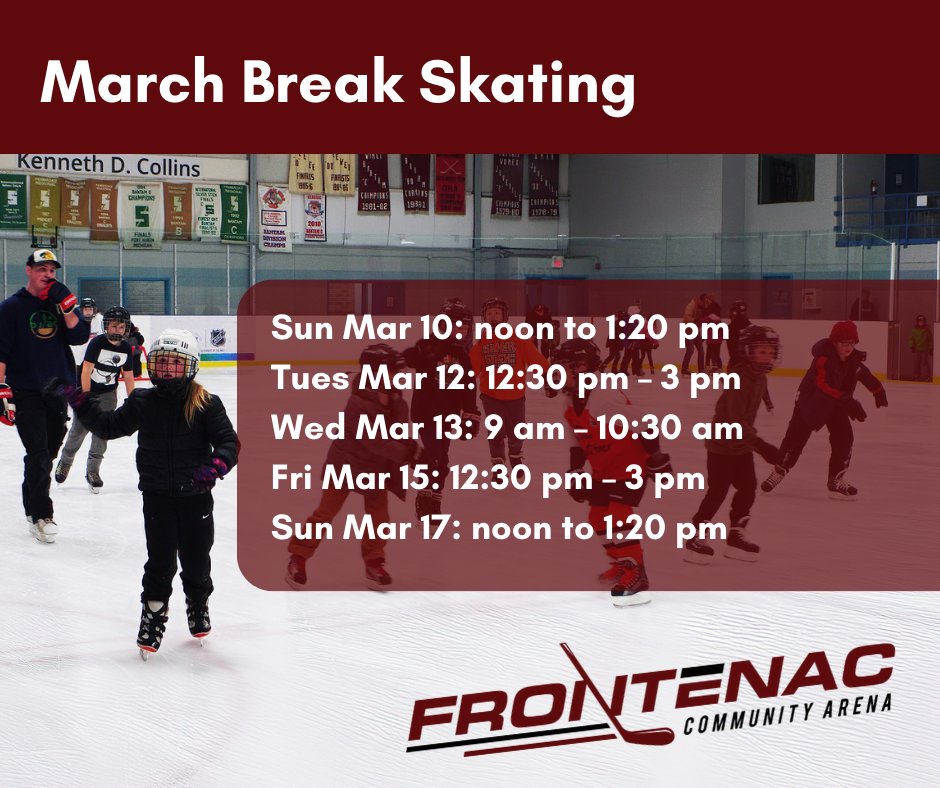 SthFrontenacTwp's tweet photo. Head to @Frontenac_Arena today from 12:30 to 3 for public skating with the kids. Here's the full March Break schedule ⛸️ https://t.co/r9BkXoWQy6