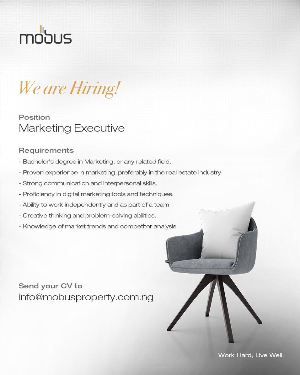 mobuspropertyng's tweet photo. Here is an opportunity to advance your marketing career to the next level by joining our team.

Send your CV to info@mobusproperties.com.ng

#MobusProperties #Mobus #AbujaRealEstate #HiringNow https://t.co/kg7fCKELw9