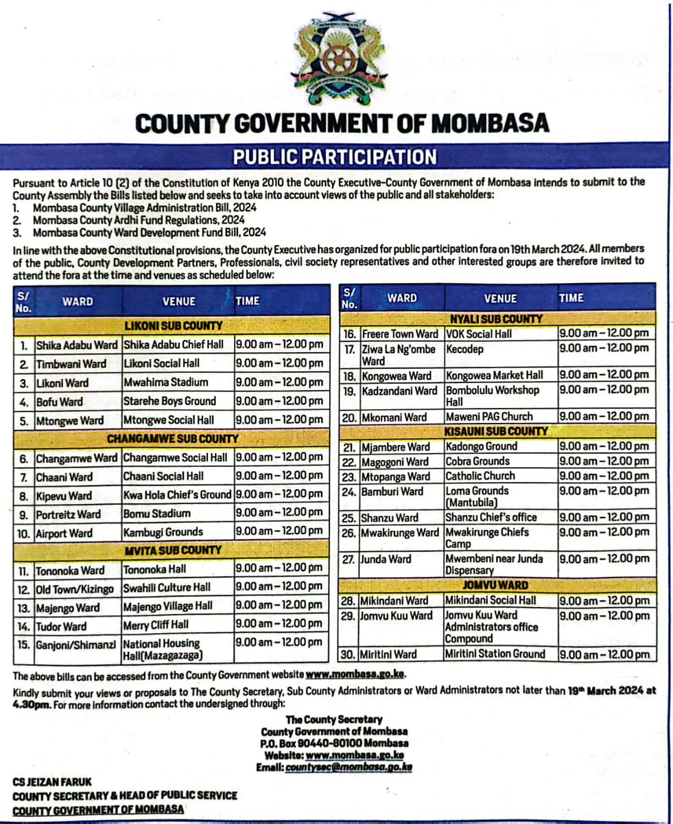 SAVE THESE DATES👇🏾 🗓️ For upcoming public participations next week. We encourage all residents & stakeholders to be part & parcel of these discussions targeting county developments.

#ServiceDelivery #DevelopmentPolicies #SerikaliMashinani