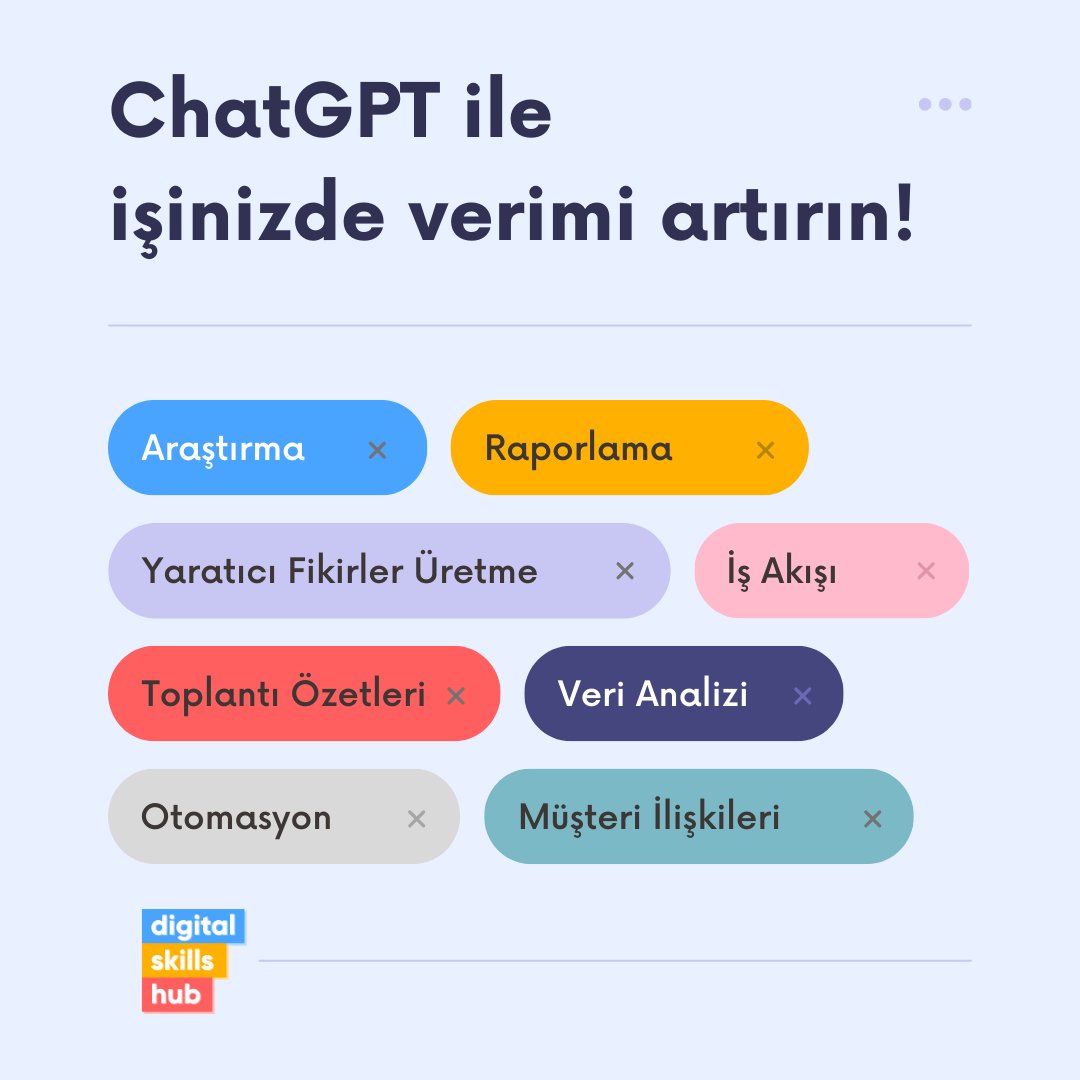 dskillshub's tweet photo. İş süreçlerinizdeki verimi artırmak mı istiyorsunuz, departmanlarınıza özelleşmiş ChatGPT eğitimlerimizle yapay zekayı çok çeşitli alanlarda aktif olarak kullanmayı öğrenebilirsiniz. 🤖

Daha fazla bilgi için info@dskillshub.com adresinden bizimle kolayca iletişime geçebilirsiniz https://t.co/pq62fHx8Gx