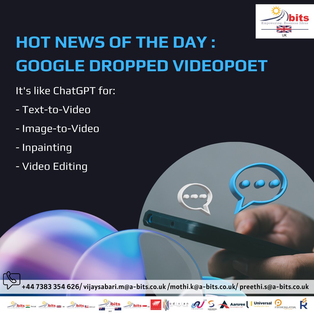 Hot News of the day: Google Dropped Videopoet. #abitsuk #abits #ssgroup #ssgroupofcompanies #technews #techcommunity #techadvancements #techconsulting #techbusiness #techcollaboration #tech4good #techblog