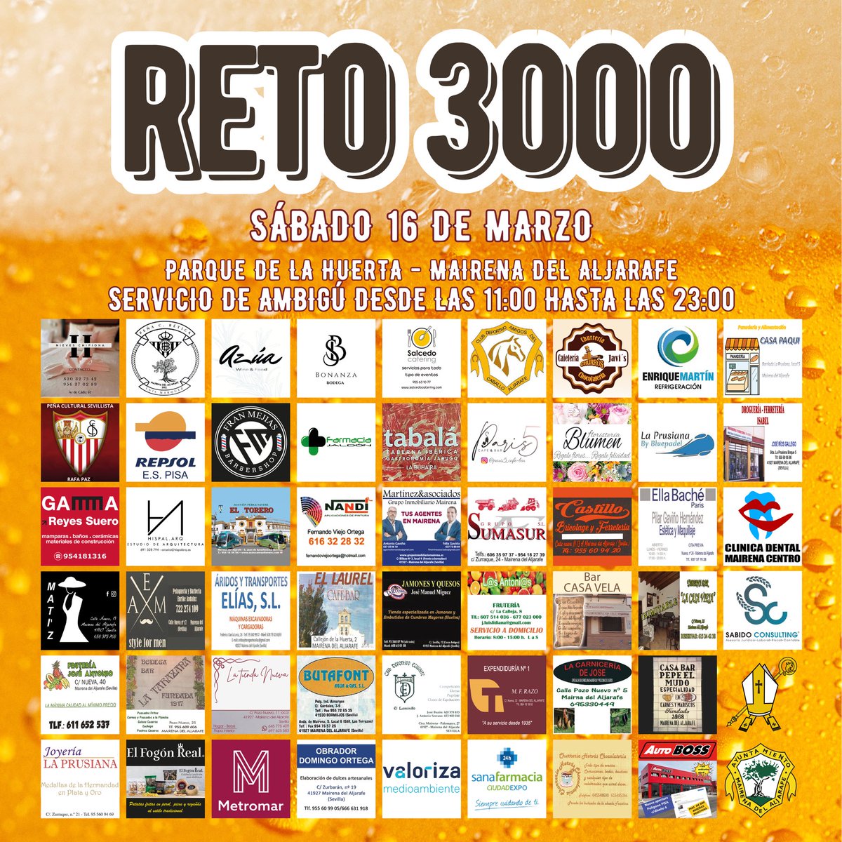 RETO 3000 • Calentando motores para el próximo SÁBADO 16 de marzo, presentamos las empresas colaboradoras del evento.

Os esperamos de 11:00 a 23:00 en el Parque de la Huerta.

Será un estupendo día de convivencia, antesala de la Romería de nuestro Patrón. _(7 de abril de 2024)_