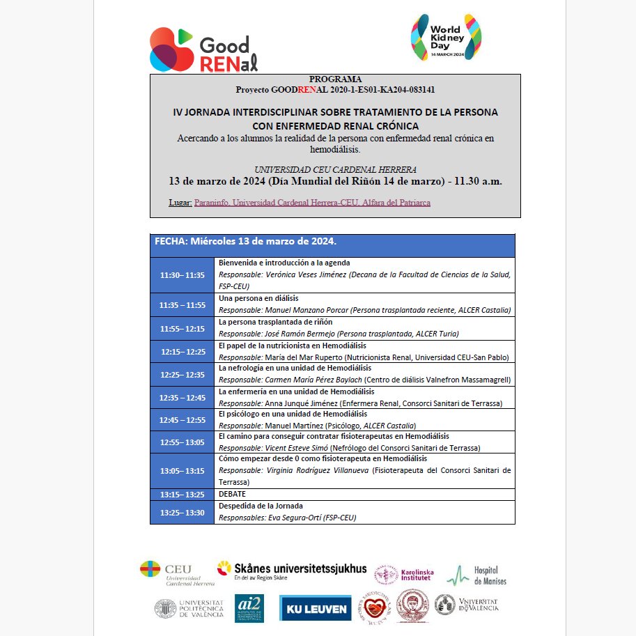 Mañana a las 11:30 IV JORNADA INTERDISCIPLINAR SOBRE TRATAMIENTO DE LA PERSONA CON ERC. ¿Quieres asistir o conoces a alguien a quien le pueda interesar? Rellena el FORMS. Te esperamos! forms.office.com/Pages/Response…