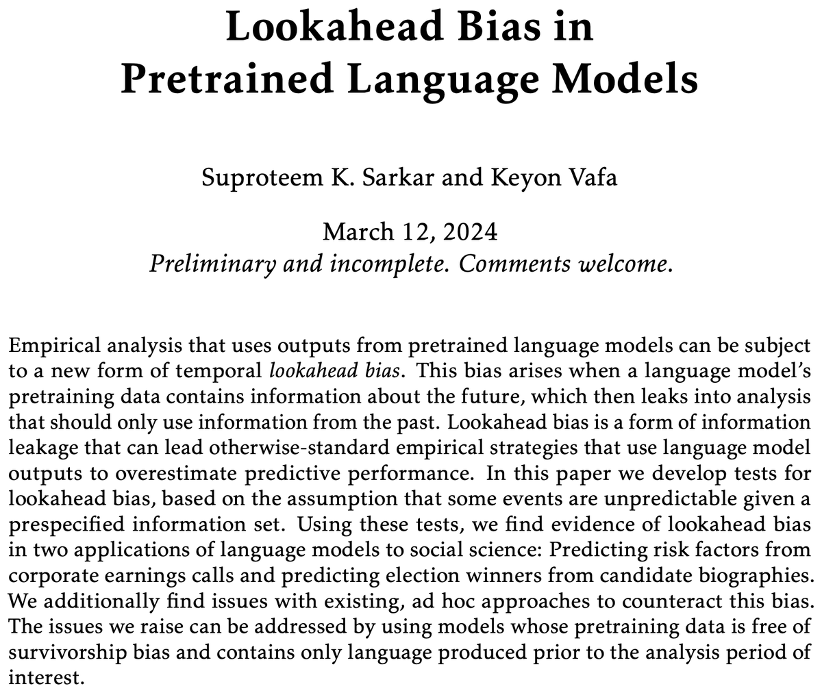 Language models’ pretraining data includes information about historical events When we use LLMs to make economic predictions, do they leak information about the future? @keyonV and I develop tests that find evidence of lookahead bias in LLMs, and identify ways forward (1/n)