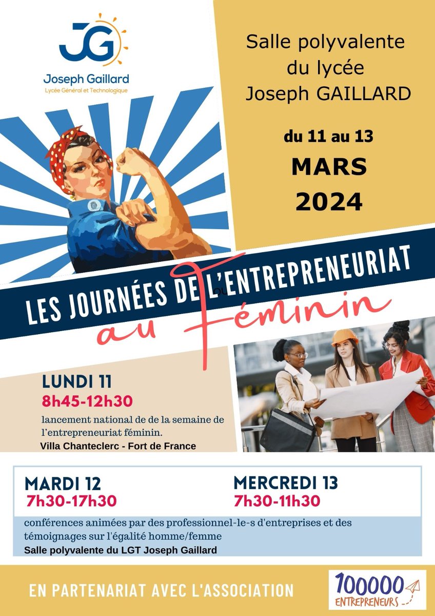 Dans le cadre de la 12ème édition des semaines de sensibilisation des jeunes à l’entrepreneuriat féminin, des Femmes-entrepreneures viendront à la rencontre de nos élèves et étudiants les mardi 12 et mercredi 13 Mars 2024. 

#FierdEtreGAILLARD
#LGTJG #JosephGAILLARD