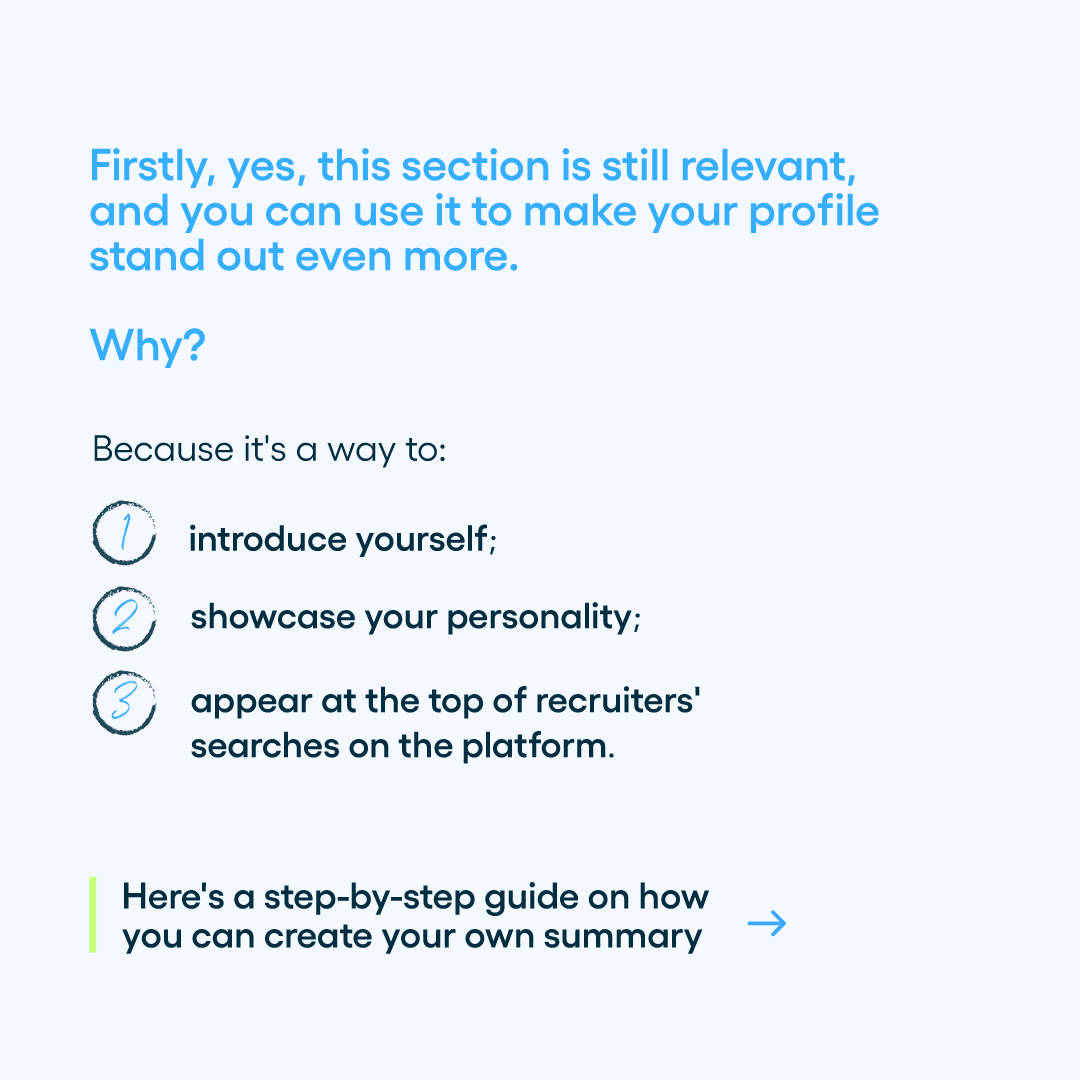 wearedellent's tweet photo. Writing a Linkedin summary is easy in theory, the problem is when we have to actually do it.

Here's a step-by-step guide on how you can create your own summary:

#dellent #stepupyourcareer #linkedin #linkedinsummary #cv #recruitment https://t.co/UYcfZhAU7g