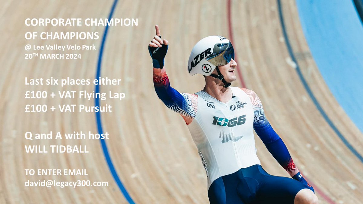 BritishAthletes's tweet photo. Last chance to grab #corporate glory @LeeValleyVP hosted by @WillTidball1066 . Flying Lap against Will or Pursuit (if you have been on the track before). To enter email david@legacy300.com asap.  #cycling #teamgb #challenge https://t.co/xCFzRnVDQL