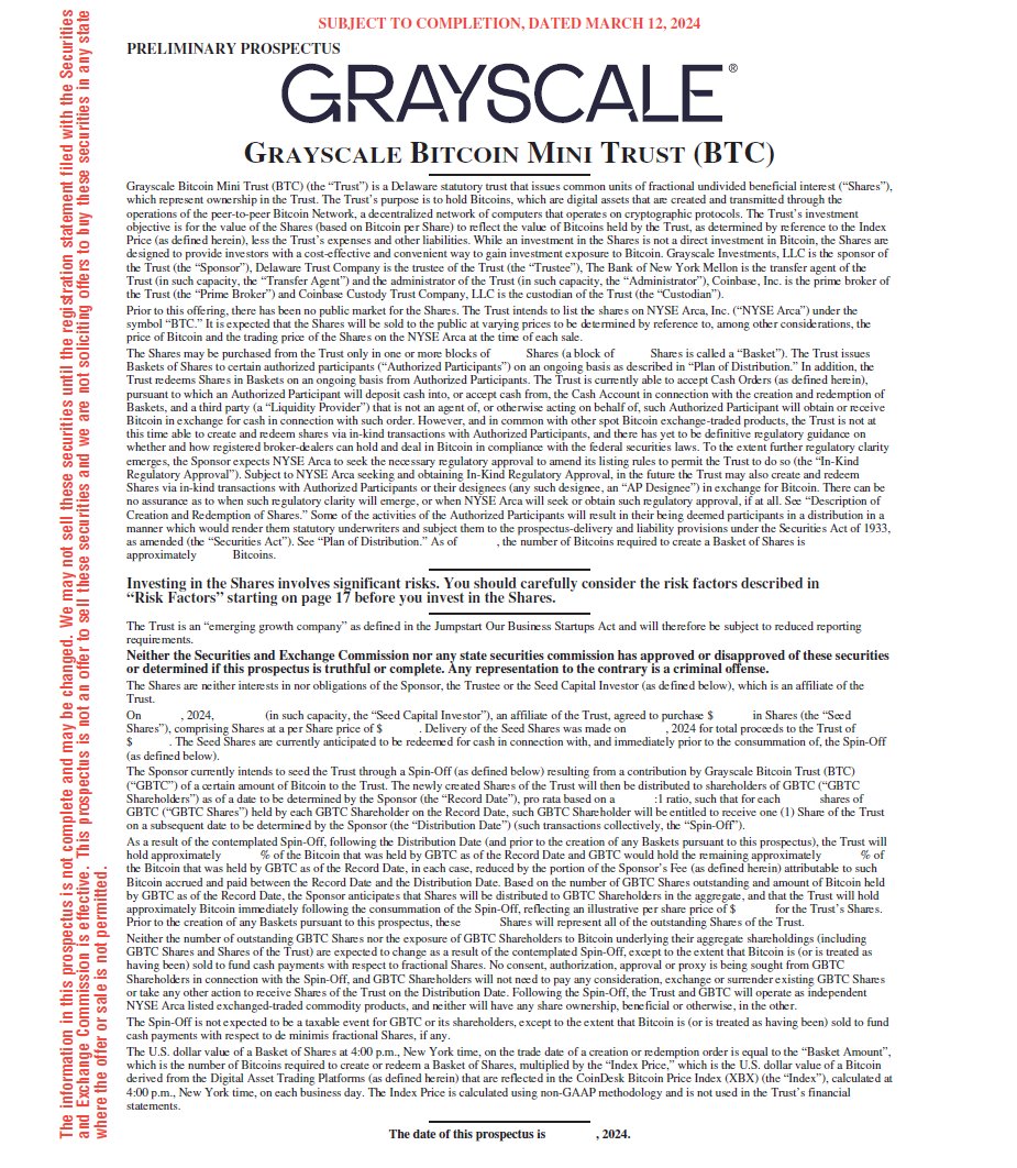 Sonnenshein's tweet photo. GM. Today we've filed for @Grayscale #Bitcoin Mini Trust - Ticker: $BTC

Important Disclosure: the information in this prospectus is not complete and may be changed. We may not sell these securities until the registration statement filed with the Securities and Exchange Commission is effective. This prospectus is not an offer to sell these securities and we are not soliciting offers to buy these securities in any state where the offer or sale is not permitted.