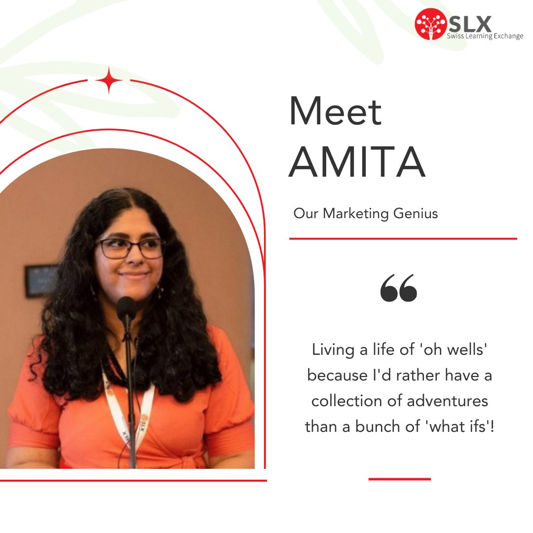 Meet Amita, our marketing genius, the powerhouse behind our organization's success, and an all-around rockstar! 💫

#swisslearningexchange #slx #facesofslx