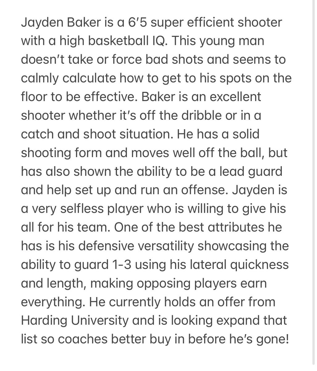 Jayden Baker (2024) 
Height: 6’5
POS: CG
HS: Massanutten Military Academy Post Grad (VA)
Calling Card: 3 &amp; D 
Current Offers: Harding University