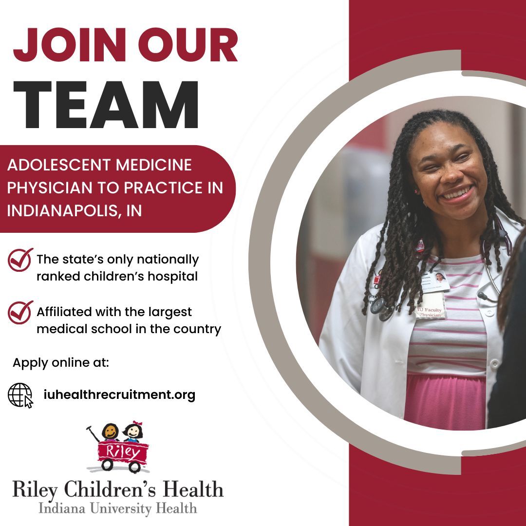 Join the dynamic team at @RileyChildrens and @IUMedSchool - we are looking to hire an #adolescentmedicine physician to practice in Indianapolis, IN: buff.ly/3Tm6yLd #IUHealthphysicianjobs