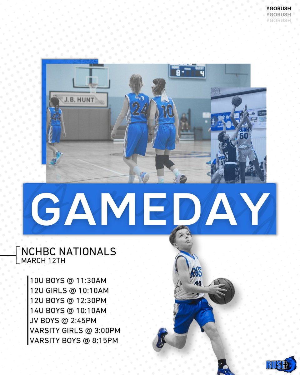 RUSH_Bball's tweet photo. Nationals GameDay!

RUSH teams went 5-1 on Day 1 of Nationals! Today, seven RUSH teams are in action across the greater Springfield area. The 12U Girls and 14U Boys get the action started at 10:10am, and the Varsity Boys complete the day at 8:15pm tonight. https://t.co/ZKMgJ0allS