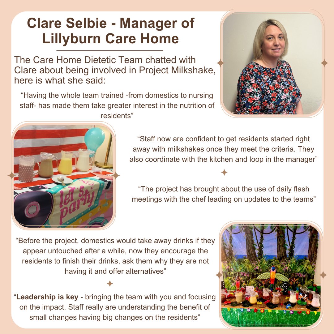 2/5 As part of nutrition and hydration week 2024 <a href="/NHweek/">N&H Week</a> our <a href="/NHSGGCDiet/">NHSGGC Dietitians</a>  spoke with Clare Selbie, Manager of Lillyburn #Carehome about her experience of being the Pilot home for Project Milkshake <a href="/clareselbie/">Clare Selbie</a> <a href="/pacific_care_uk/">Pacific Care</a> <a href="/EastDunHSCP/">East Dun HSCP</a>