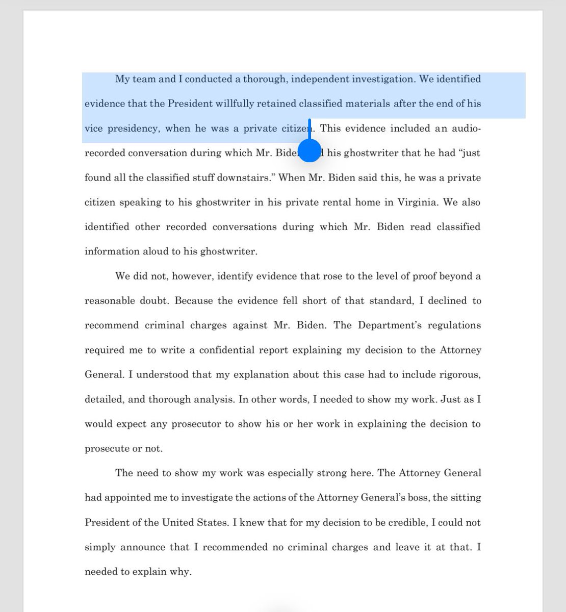 bennyjohnson's tweet photo. 🚨 BREAKING: Special Counsel Robert Hur opening statement: “My team and I conducted a thorough, independent investigation. We identified evidence that the President willfully retained classified materials after the end of his vice presidency, when he was a private citizen” https://t.co/Ht4Rjstbpq