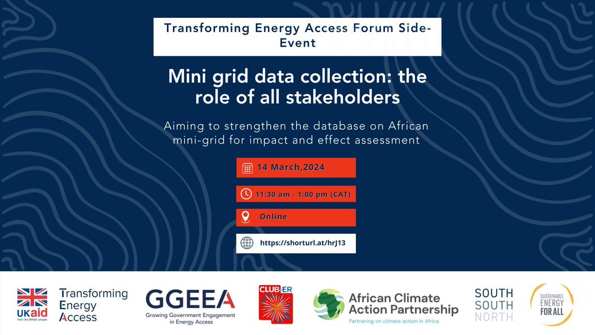 Join AfCAP and @Club_ER_org for a GGE-EA round-table focused on enhancing the database on #African #mini-grid impact assessment on the sidelines of the @TEAEnergyAccess forum. #AfricanEnergy #Renewable

📆 14 March 2024 
⏰ 11:30 - 13:00 CAT 
📍 Virtual ➡️ buff.ly/3v6MB1I
