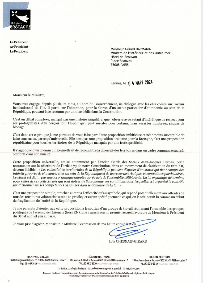 Je salue l’accord entre les élus corses et le Gouvernement, pour plus d'autonomie de l’île.
 
Ça ne peut être la seule avancée pour notre pays qui crève de son centralisme. 

Je porte au débat une proposition adaptée à tous les territoires marqués par une forte spécificité.