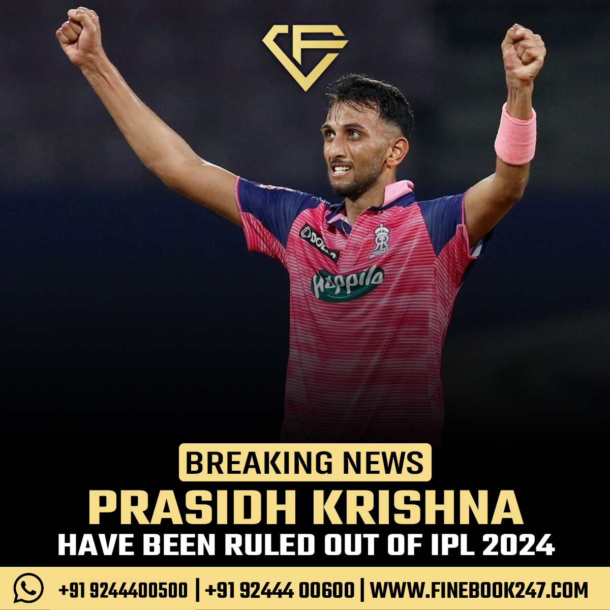 FineNews247's tweet image. 👉Prasidh Krishna will miss the season after surgery on his left proximal quadriceps tendon (Rajasthan Royals)🏏🏆

#IPL2024 #ParsidhKrishna #RR #RishabhPant #WhoKilledGeetanjali #Chokli #Indians #ElectoralBondScam #Rohit #BCCI #Centre #GalaxyS24 #WHATSWRONGWITHINDIA #NariNyay
