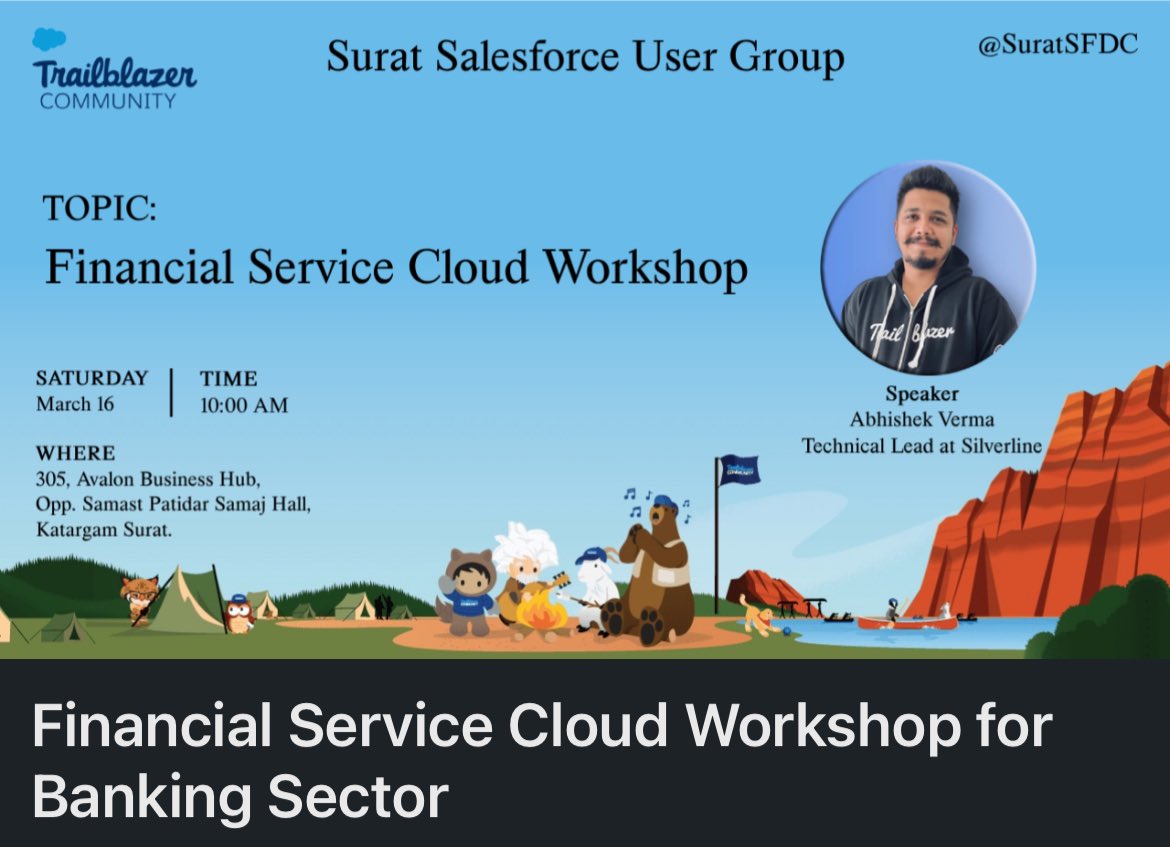 Happy to share that I'll be speaking at Financial Service Cloud Workshop for Banking Sector! Make sure to attend it on March 16.

RSVP NOW: 
trailblazercommunitygroups.com/events/details…

#trailblazercommunity #salesforce 
<a href="/salesforce/">Salesforce</a> <a href="/SalesforceAdmns/">Salesforce Admins</a> <a href="/trailhead/">Trailhead</a> <a href="/SF_Shastras/">Salesforce Shastras</a>