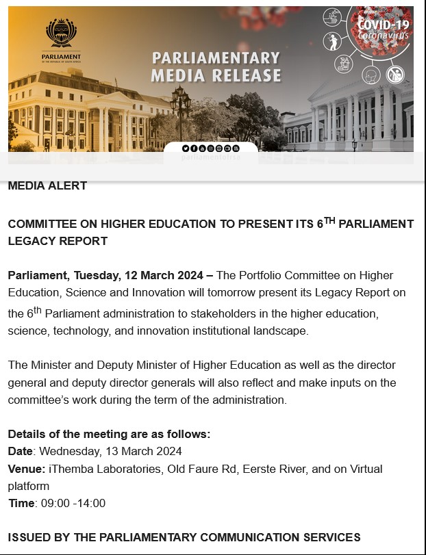 Media Alert COMMITTEE ON HIGHER EDUCATION TO PRESENT ITS 6TH PARLIAMENT LEGACY REPORT The campaign URL for this campaign is: mailchi.mp/168111c23fb4/c… @ParliamentofRSA @HigherEduGovZA @dsigovza @iThembaLABSCape @nrf