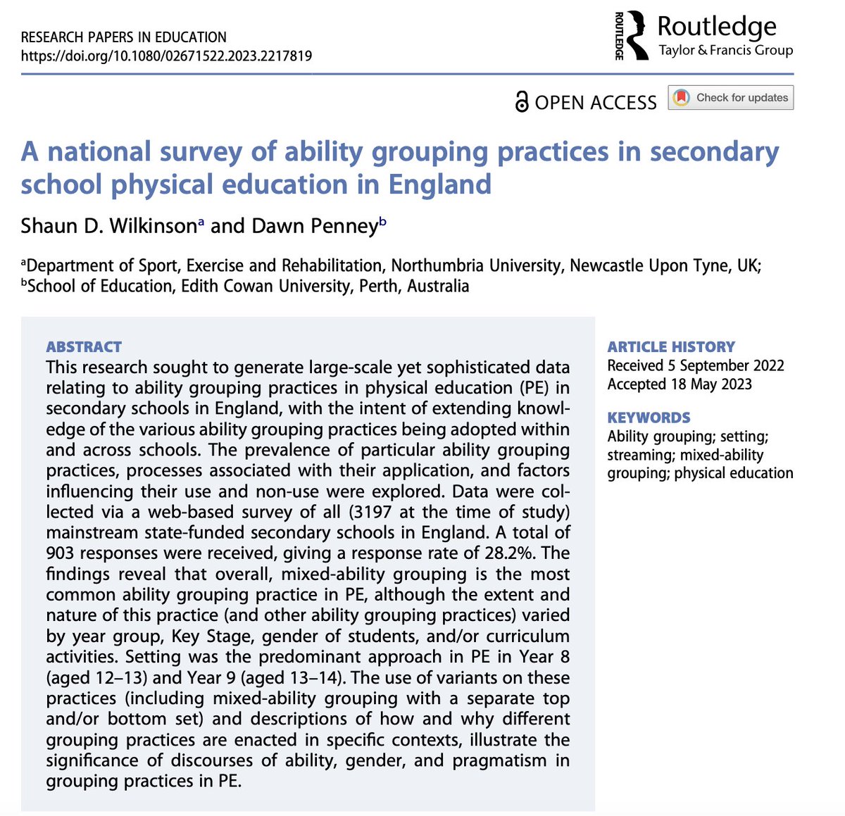 ResPapersInEduc's tweet image. 🚨 NEW PUBLICATION ALERT!

A national survey of ability grouping practices in secondary school physical education in England

Shaun D. Wilkinson (@Wilka017) from @NorthumbriaUni and Dawn Penney from @EdithCowanUni 

tandfonline.com/doi/full/10.10…

#physicaleducation #abilitygrouping