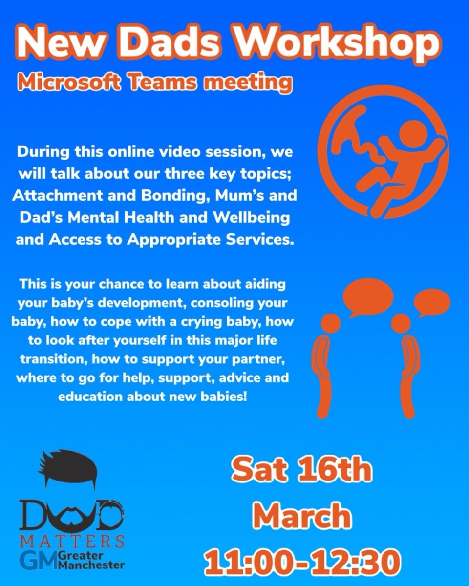 This Saturday morning we have a new dad’s workshop. Great for new or soon to be dads if you want to chat and learn some things to help you on your way.
Please sign up via the dad matters website if you’d like to attend.
i.mtr.cool/fsfmdejwne