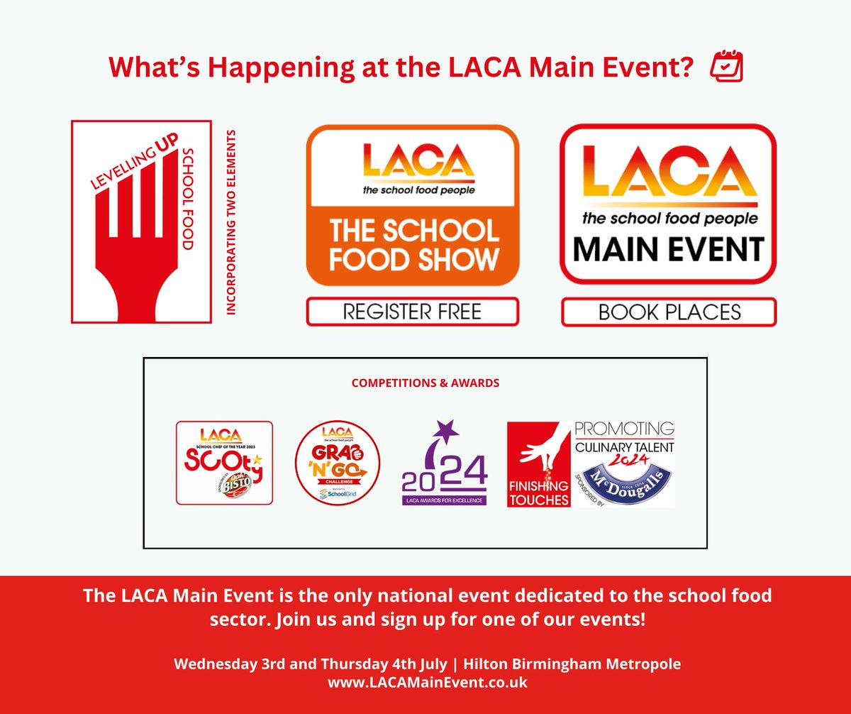 The LACA Main Event is a national event for the school food sector. It includes competitions, workshops, seminars, live cooking demos, panel discussions, and networking. Sign up for competitions, enter awards, or register for free to attend the School Food Show! 🤩 #LACAME