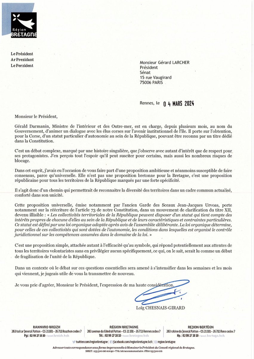 Cher <a href="/BrunoRetailleau/">Bruno Retailleau</a>, 

N’utilisez pas la Bretagne pour taper la Corse. 

La proposition que je porte, soutenue par un groupe de travail avec <a href="/lesRepublicains/">les Républicains</a> de la <a href="/regionbretagne/">Région Bretagne</a>, est une proposition républicaine pour tous les territoires à forte spécificité.