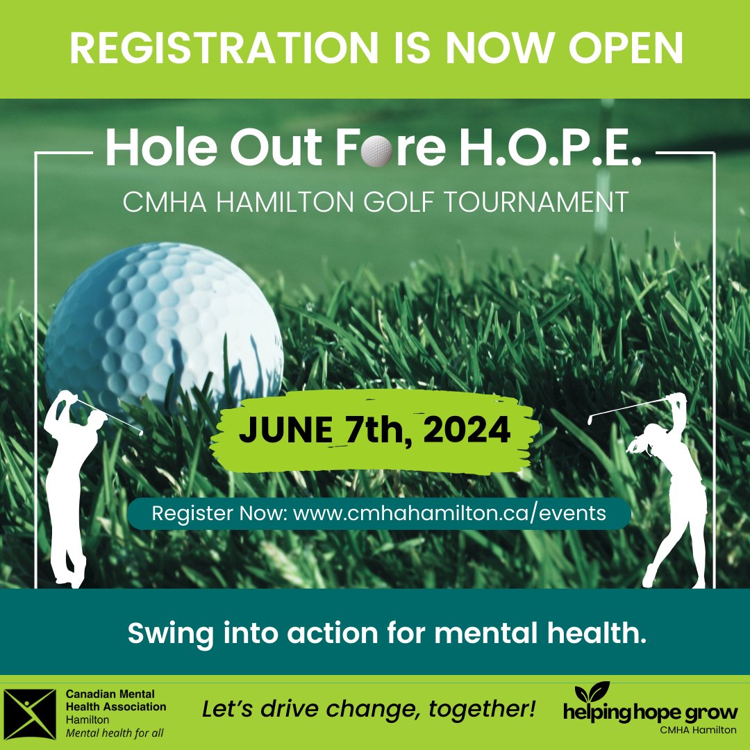 CMHAHamilton's tweet photo. CMHA Hamilton is pleased to announce that registration is now open for our Hole Out Fore H.O.P.E. event on June 7 at King's Forest Golf and Country Club. For more information please visit our website or click here to register https://t.co/MYdxlr13nC https://t.co/brmFdUFN3i