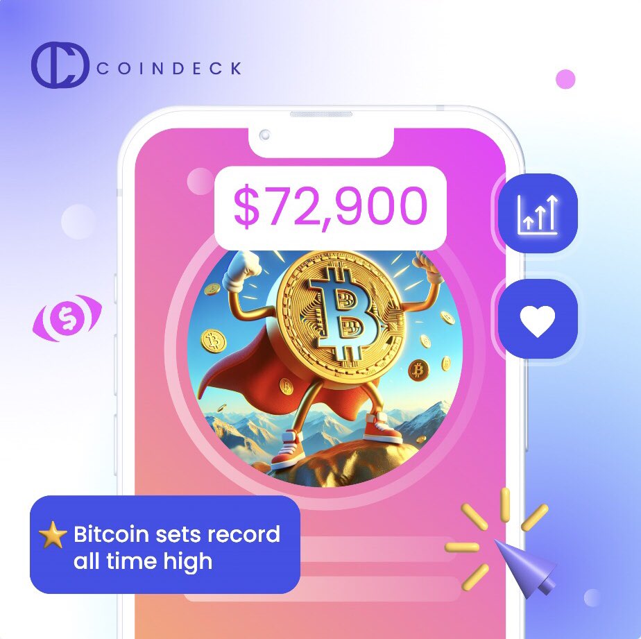 CoinDeck___'s tweet photo. Bitcoin shatters expectations with a new all-time high! Is there more to come? The next peak might just be around the corner 💭📈 #Bitcoin #cryptotrading #bitcoinprice #coindeck https://t.co/1LHy8zjRG5