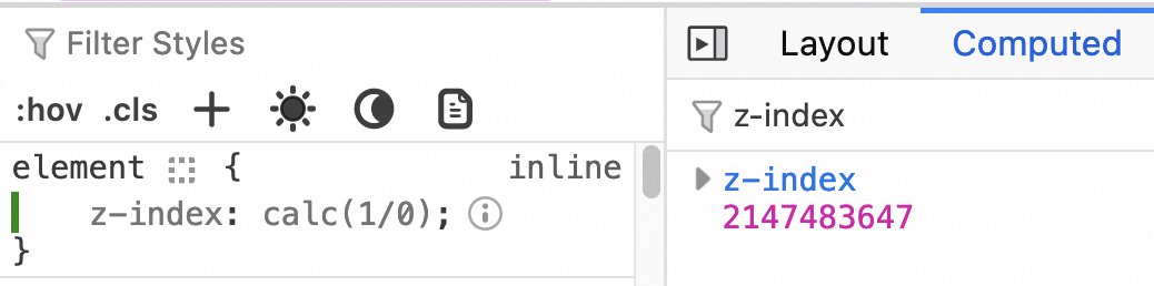 yisibl's tweet photo. CSS Tips: To get the maximum z-index, you can use calc(1 / 0) in addition to calc(Infinity).
https://t.co/Ve4UX7s2n6 https://t.co/WhMahYSRAg